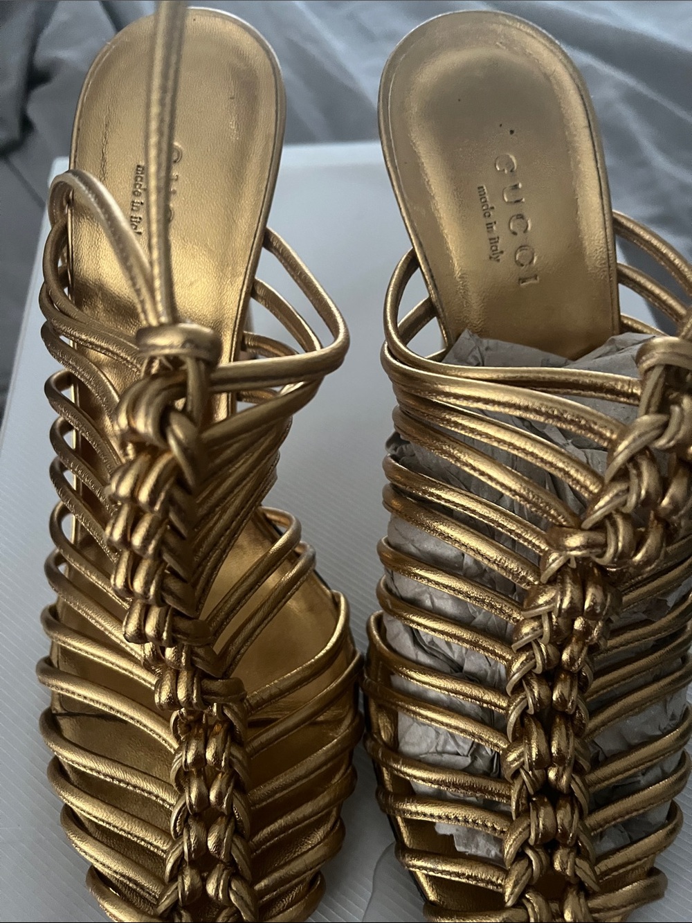 Gucci Gold Braided Strappy Mule Heels